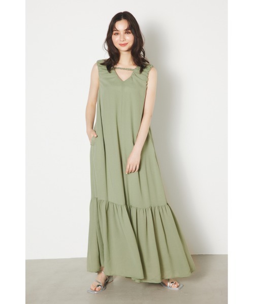 セール】ギャザーデザインVネックワンピース 夏服（ワンピース