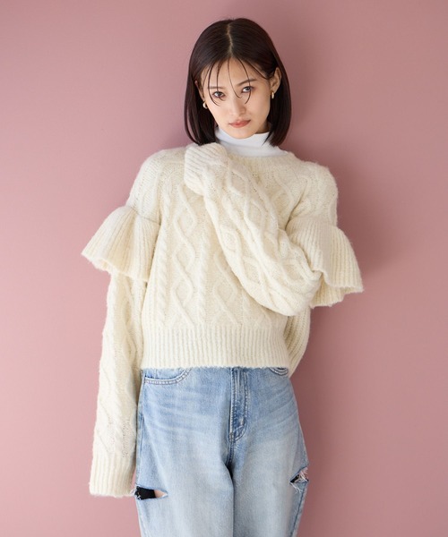 LOWRYS FARM（ローリーズファーム）の「ケーブルフリルニットロングスリーブ　966681（ニット/セーター・レディース・チャコールグレー/パープル/アイボリー・FREE）」の13枚目の写真