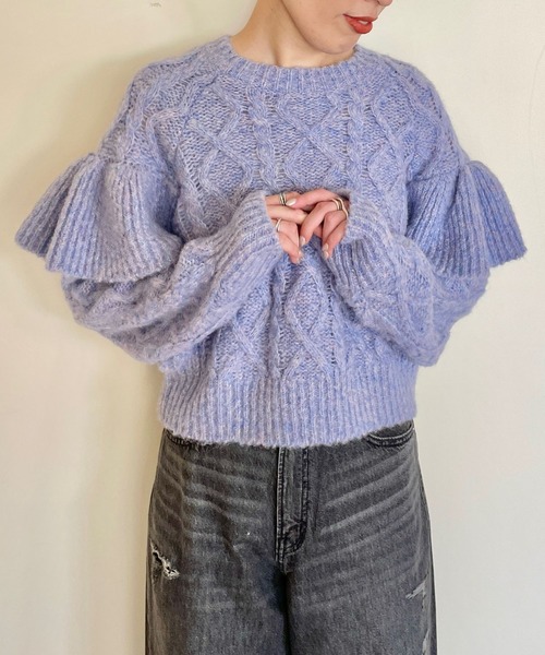 LOWRYS FARM（ローリーズファーム）の「ケーブルフリルニットロングスリーブ　966681（ニット/セーター・レディース・チャコールグレー/パープル/アイボリー・FREE）」の6枚目の写真