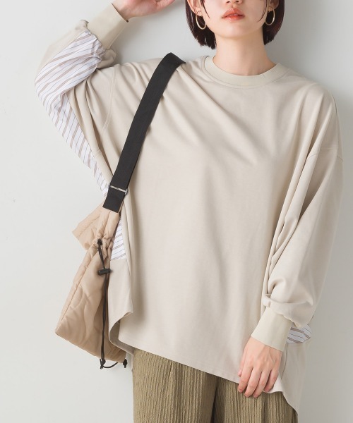 FURRY(ファーリー)の「ポンチローマスリーブ切替プルオーバー(Tシャツ/カットソー・レディース・ブラック/グレイッシュベージュ/ブルー・FREE)」の1枚目の写真