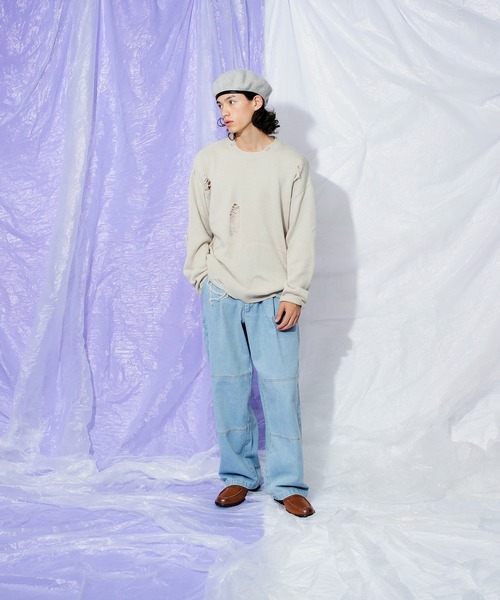 Adoon plain（アドーンプレーン）の「ダブルニーワイドデニムパンツ（デニムパンツ・メンズ・ライトブルー/ブラック・LARGE/MEDIUM/SMALL）」の19枚目の写真