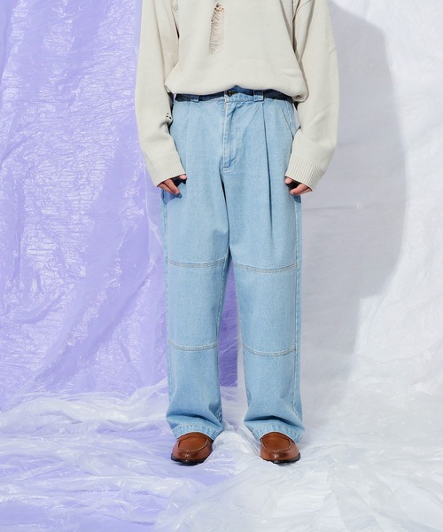 Adoon plain（アドーンプレーン）の「ダブルニーワイドデニムパンツ（デニムパンツ・メンズ・ライトブルー/ブラック・LARGE/MEDIUM/SMALL）」の16枚目の写真