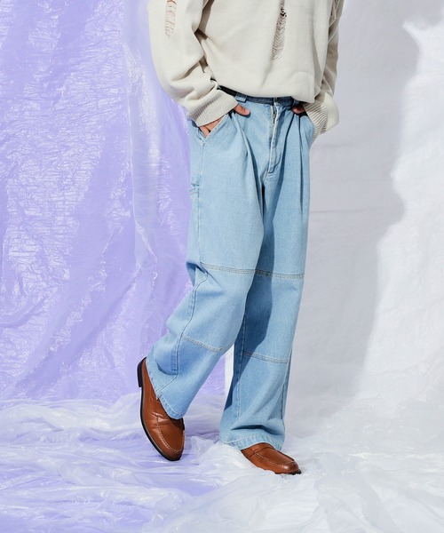 Adoon plain（アドーンプレーン）の「ダブルニーワイドデニムパンツ（デニムパンツ・メンズ・ライトブルー/ブラック・LARGE/MEDIUM/SMALL）」の17枚目の写真