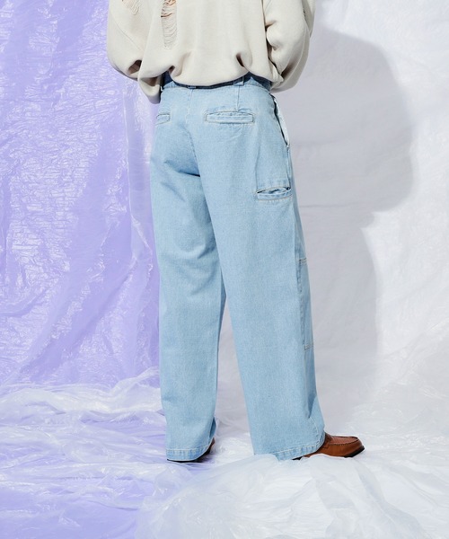 Adoon plain（アドーンプレーン）の「ダブルニーワイドデニムパンツ（デニムパンツ・メンズ・ライトブルー/ブラック・LARGE/MEDIUM/SMALL）」の18枚目の写真