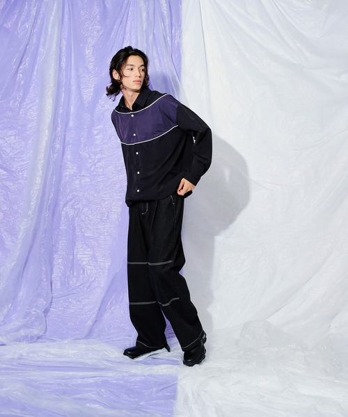 Adoon plain（アドーンプレーン）の「ダブルニーワイドデニムパンツ（デニムパンツ・メンズ・ライトブルー/ブラック・LARGE/MEDIUM/SMALL）」の10枚目の写真