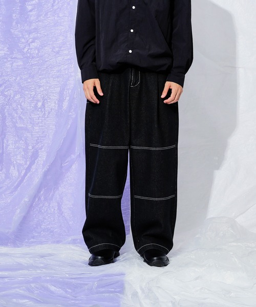 Adoon plain（アドーンプレーン）の「ダブルニーワイドデニムパンツ（デニムパンツ・メンズ・ライトブルー/ブラック・LARGE/MEDIUM/SMALL）」の3枚目の写真