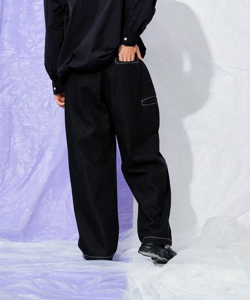 Adoon plain（アドーンプレーン）の「ダブルニーワイドデニムパンツ（デニムパンツ・メンズ・ライトブルー/ブラック・LARGE/MEDIUM/SMALL）」の5枚目の写真