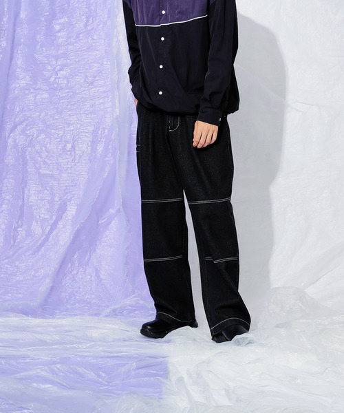 Adoon plain（アドーンプレーン）の「ダブルニーワイドデニムパンツ（デニムパンツ・メンズ・ライトブルー/ブラック・LARGE/MEDIUM/SMALL）」の7枚目の写真