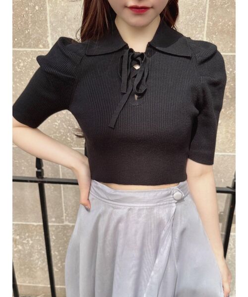 EATME（イートミー）の「レースアップカラーニットTOP（ニット/セーター・レディース・ブラック/オフホワイト/イエロー・FREE）」の6枚目の写真