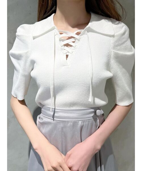 EATME（イートミー）の「レースアップカラーニットTOP（ニット/セーター・レディース・ブラック/オフホワイト/イエロー・FREE）」の7枚目の写真