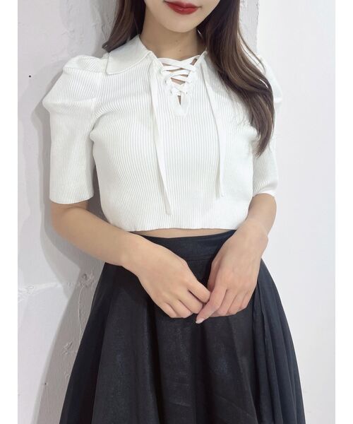 EATME（イートミー）の「レースアップカラーニットTOP（ニット/セーター・レディース・ブラック/オフホワイト/イエロー・FREE）」の9枚目の写真