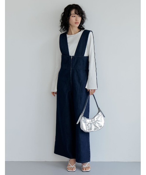デニム生地✭ロングトップス★万能サロペット✭年中使えるお洒落コーデ 低身長/高身長サイズ有]フロントジップリサイクルデニム