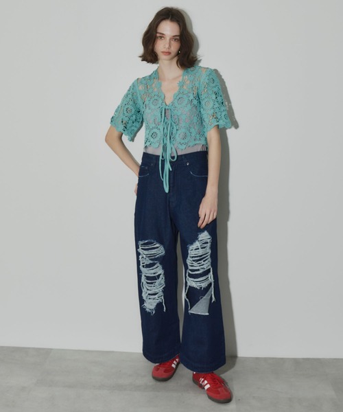 J1U by LA BELLE ETUDE（ジユウバイラベルエチュード）の「オリジナルクロシェニットハーフスリーブカーディガン（カーディガン/ボレロ・レディース・ホワイト/ブルー/ブラック・FREE）」の17枚目の写真