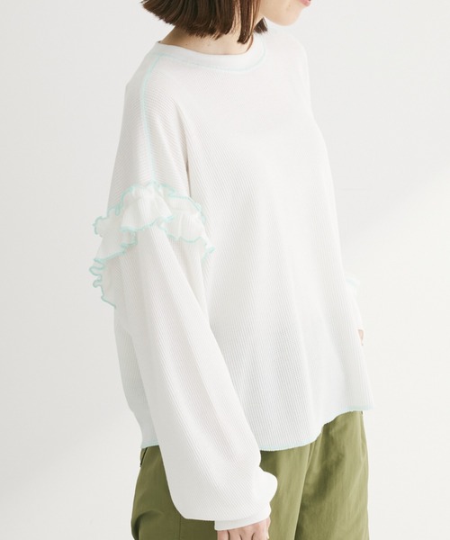 Green　Parks（グリーンパークス）の「・Double　Flags　ワッフルカラーstロンTEE（Tシャツ/カットソー・レディース・オフホワイト/杢グレー/ブルー/ブラック・FREE）」の2枚目の写真