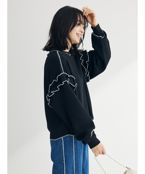 Green　Parks（グリーンパークス）の「・Double　Flags　ワッフルカラーstロンTEE（Tシャツ/カットソー・レディース・オフホワイト/杢グレー/ブルー/ブラック・FREE）」の12枚目の写真