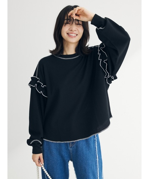 Green　Parks（グリーンパークス）の「・Double　Flags　ワッフルカラーstロンTEE（Tシャツ/カットソー・レディース・オフホワイト/杢グレー/ブルー/ブラック・FREE）」の11枚目の写真