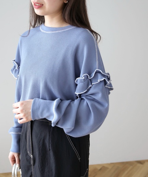 Green　Parks（グリーンパークス）の「・Double　Flags　ワッフルカラーstロンTEE（Tシャツ/カットソー・レディース・オフホワイト/杢グレー/ブルー/ブラック・FREE）」の5枚目の写真