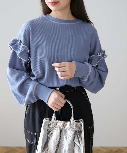 Green　Parks（グリーンパークス）の「・Double　Flags　ワッフルカラーstロンTEE（Tシャツ/カットソー・レディース・オフホワイト/杢グレー/ブルー/ブラック・FREE）」の6枚目の写真