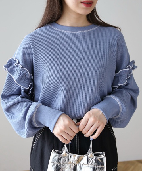 Green　Parks（グリーンパークス）の「・Double　Flags　ワッフルカラーstロンTEE（Tシャツ/カットソー・レディース・オフホワイト/杢グレー/ブルー/ブラック・FREE）」の7枚目の写真