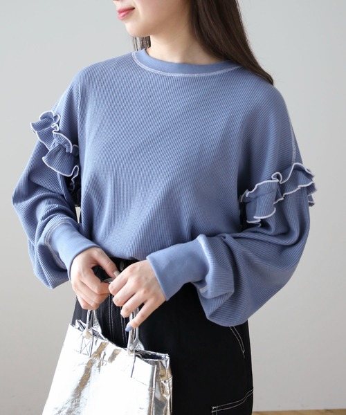 Green　Parks（グリーンパークス）の「・Double　Flags　ワッフルカラーstロンTEE（Tシャツ/カットソー・レディース・オフホワイト/杢グレー/ブルー/ブラック・FREE）」の8枚目の写真