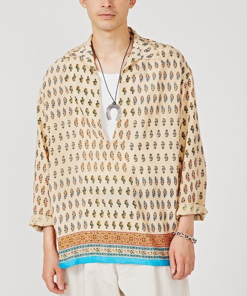 EDIFICE(エディフィス)の「インディア パネル スキッパー シャツ(シャツ/ブラウス・メンズ・ベージュ/ブルー系その他/グレー/ホワイト・MEDIUM/LARGE)」の3枚目の写真