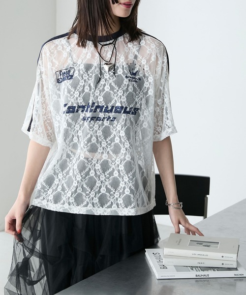 日本製/unitedtokyo レースフラワートップス forksy.】フラワーレースシアートップス/サッカーシャツ forksy