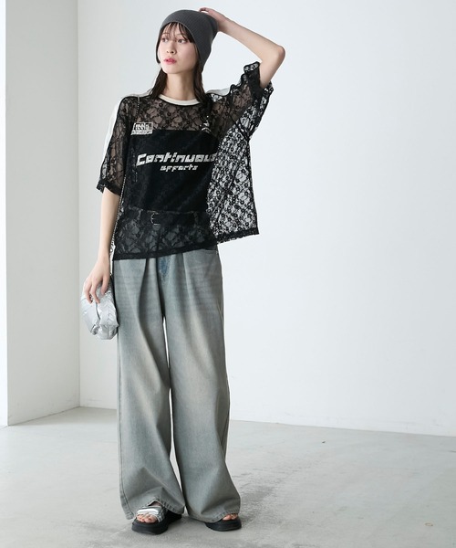 ♪新品　ボリューム　フラワー　レース　ジャケット シャツ　シアー　白　カーキ 田中亜希子さんコラボ ] 選べる2丈ボリュームスリーブシアー