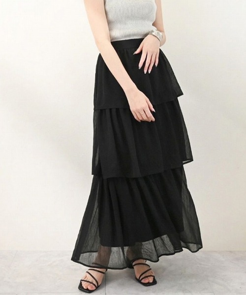 STYLEBLOCK（スタイルブロック）の「シアー楊柳ティアードスカート（スカート・レディース・イエロー/ライトベージュ/ブラック・M）」の2枚目の写真