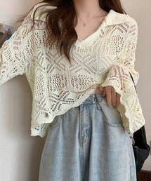 透かし編み クロシェ編み オープンカラー 襟付きニット ポロニット サマーニット