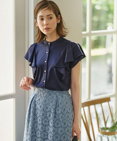組曲(クミキョク)の「プレーティング天竺 パールボタンブラウス(Tシャツ/カットソー・レディース・ネイビー系/サックスブルー系/アイボリー系・S2)」の2枚目の写真