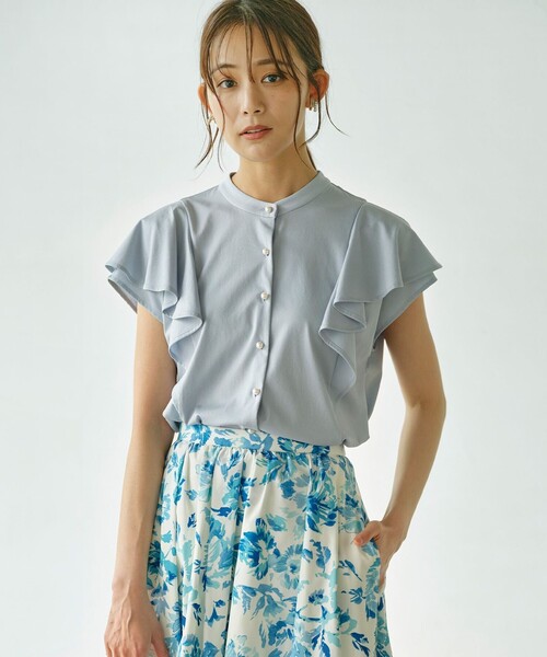 組曲(クミキョク)の「プレーティング天竺 パールボタンブラウス(Tシャツ/カットソー・レディース・ネイビー系/サックスブルー系/アイボリー系・S2)」の3枚目の写真