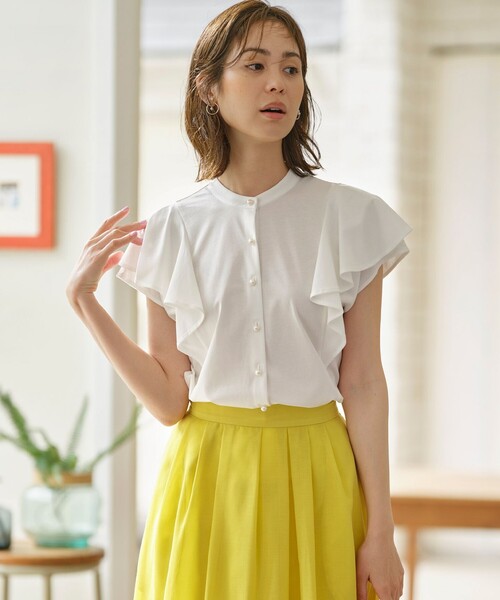 組曲(クミキョク)の「プレーティング天竺 パールボタンブラウス(Tシャツ/カットソー・レディース・ネイビー系/サックスブルー系/アイボリー系・S2)」の7枚目の写真