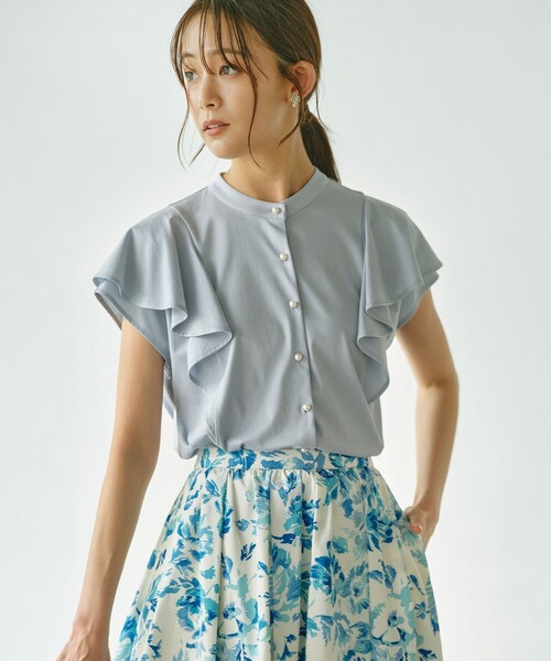 組曲(クミキョク)の「プレーティング天竺 パールボタンブラウス(Tシャツ/カットソー・レディース・ネイビー系/サックスブルー系/アイボリー系・S2)」の12枚目の写真