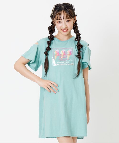 algy(アルジー)の「【接触冷感・吸水速乾】アイスプリントフレークTワンピ(ワンピース・キッズ・ミント/ピンク/ブラック・XX-SMALL/X-SMALL/SMALL/MEDIUM)」の3枚目の写真