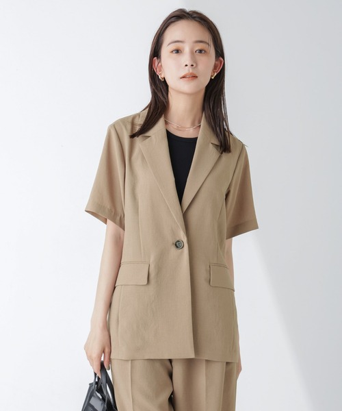 NANO universe（ナノユニバース）の「メランジドライ 半袖ジャケット(セットアップ可)（テーラードジャケット・レディース・ライトベージュ/ベージュ/ネイビー・S/M）」の4枚目の写真