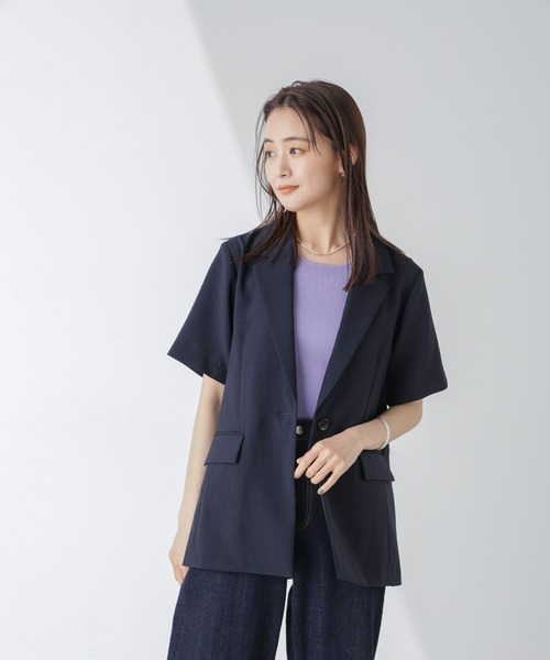 NANO universe（ナノユニバース）の「メランジドライ 半袖ジャケット(セットアップ可)（テーラードジャケット・レディース・ライトベージュ/ベージュ/ネイビー・S/M）」の20枚目の写真