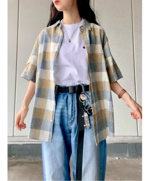 BACK NUMBER（バックナンバー）の「BACK NUMBER(バックナンバー)【メンズ】フェード加工半袖チェックシャツ（シャツ/ブラウス・メンズ・ブラック×ホワイト/ベージュ・S/M/L/XL）」の7枚目の写真