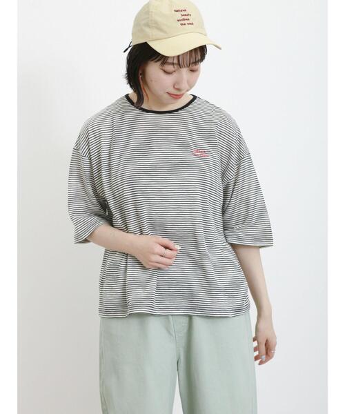 Samansa Mos2（サマンサ モスモス）の「ロゴ刺繍シアーボーダーTシャツ（Tシャツ/カットソー・レディース・グリーン/ブルー/ピンク/キナリ・F）」の2枚目の写真