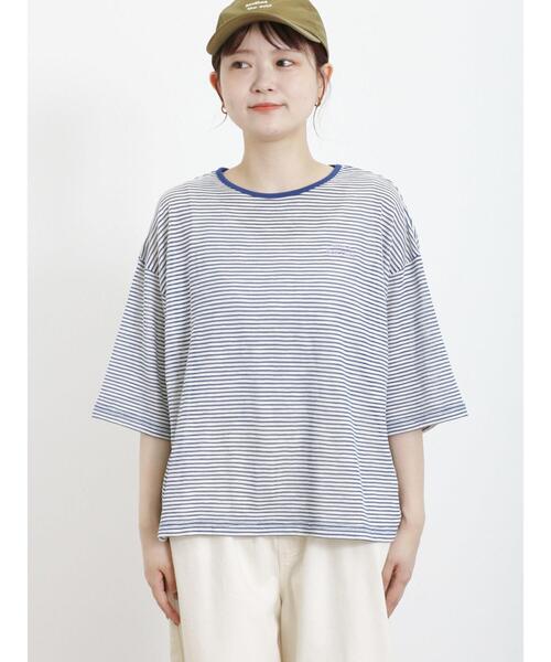 Samansa Mos2（サマンサ モスモス）の「ロゴ刺繍シアーボーダーTシャツ（Tシャツ/カットソー・レディース・グリーン/ブルー/ピンク/キナリ・F）」の17枚目の写真