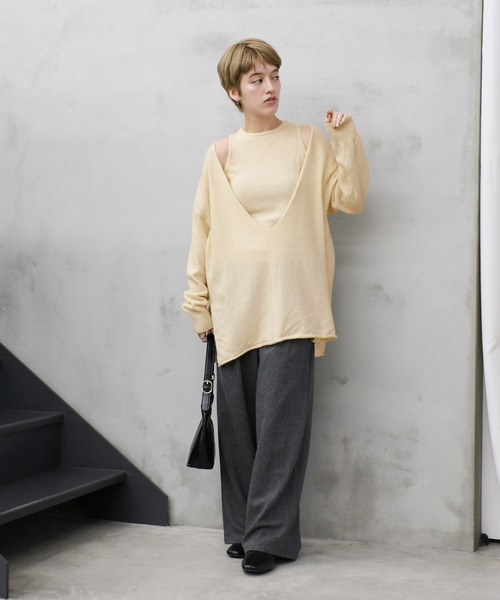 セール】【洗える】レイヤードディープVネックルーズニットセット