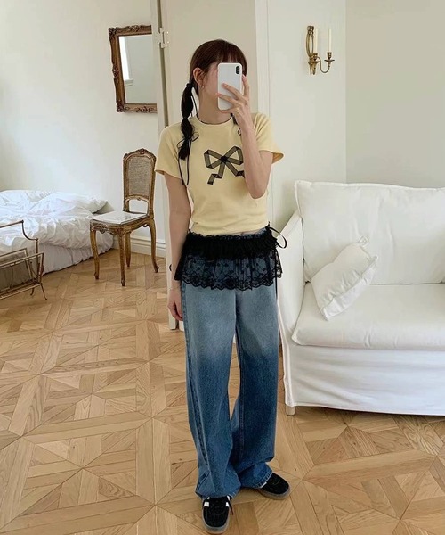 shopnikoniko(ショップニコニコ)の「レース レイヤード ラップ フリルミニスカート(スカート・レディース・ホワイト/ブラック・フリー)」の3枚目の写真
