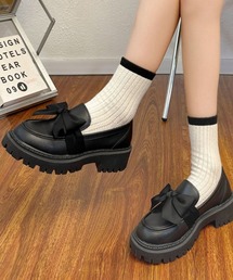 リボン付き フェミニン厚底ボリュームヒールローファー