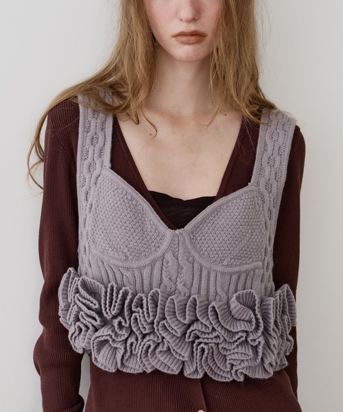 セール】ニッティングパターンボリュームフリルニットビスチェ
