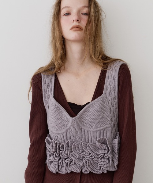 【J1U BY LA BELLE ETUDE】ニッティングパターンニットビスチェ セール】ニッティングパターンボリュームフリルニットビスチェ