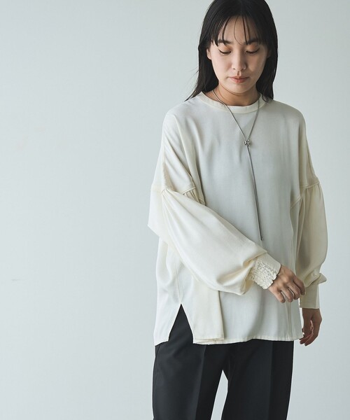 RONEL（ロネル）の「【RONEL】ワッシャーサテンドルマンブラウス（シャツ/ブラウス・レディース・オフホワイト/ネイビー・FREE）」の5枚目の写真