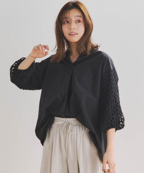 Droite lautreamont（ドロワットロートレアモン）の「ソデレーススキッパーブラウス≪手洗い可能≫（シャツ/ブラウス・レディース・ブラック/チャコールグレー/オフホワイト・M）」の3枚目の写真