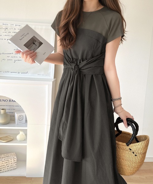 セール】一枚で旬のワンピスタイルが完成♪ビスチェ風2wayリボン使い