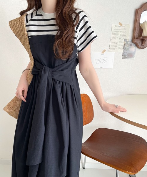 classicalelf(クラシカルエルフ)の「一枚で旬のワンピスタイルが完成♪ビスチェ風2wayリボン使いサッカー素材ドッキングロングワンピース(半袖)(ワンピース・レディース・ブラック系その他/ホワイト×ブラック/チャコールグレー×ブラック・X-LARGE/SMALL/MEDIUM/LARGE)」の22枚目の写真