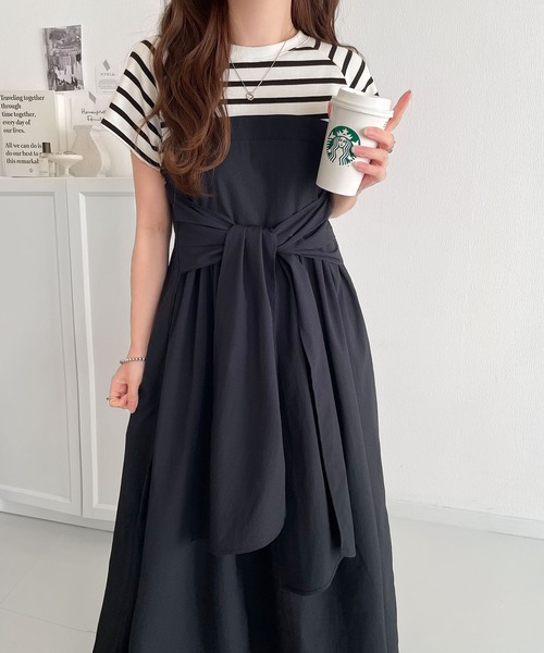 classicalelf(クラシカルエルフ)の「一枚で旬のワンピスタイルが完成♪ビスチェ風2wayリボン使いサッカー素材ドッキングロングワンピース(半袖)(ワンピース・レディース・ブラック系その他/ホワイト×ブラック/チャコールグレー×ブラック・X-LARGE/SMALL/MEDIUM/LARGE)」の19枚目の写真