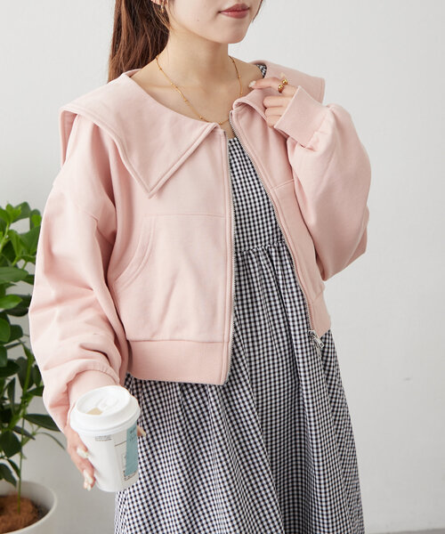 w closet(ダブルクローゼット)の「セーラー衿Wジップスウェット(パーカー・レディース・アイボリー/ライム/チャコールグレー/ピンク・FREE)」の4枚目の写真
